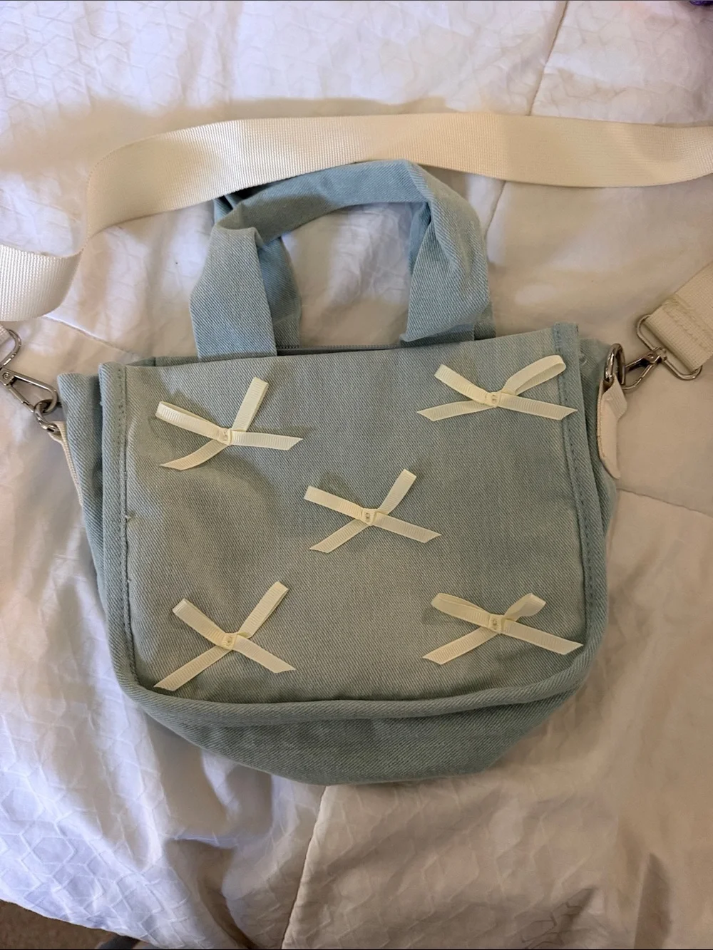 art class Light Blue Canvas Crossbody Tote with Ivory Ribbon Bows